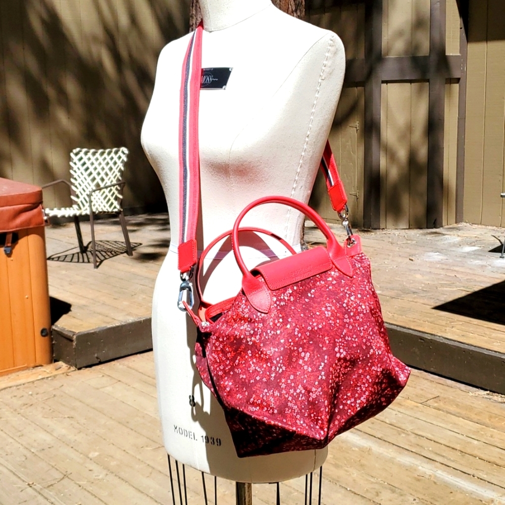 Longchamp limited edition, 9.75x6.25x9", red floral with racing stripe stripe